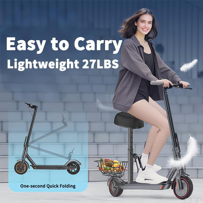 Electric Scooter with Seat, Long-Range Portable Commuting Scooter for Adults with Braking System and App , Lightweight ,350W/500W Motor, Top Speed 19/21 Mph, Max 18/20/21Miles Ranges, Foldable E Scooter for Adults with 8.5Inch Solider Tire.