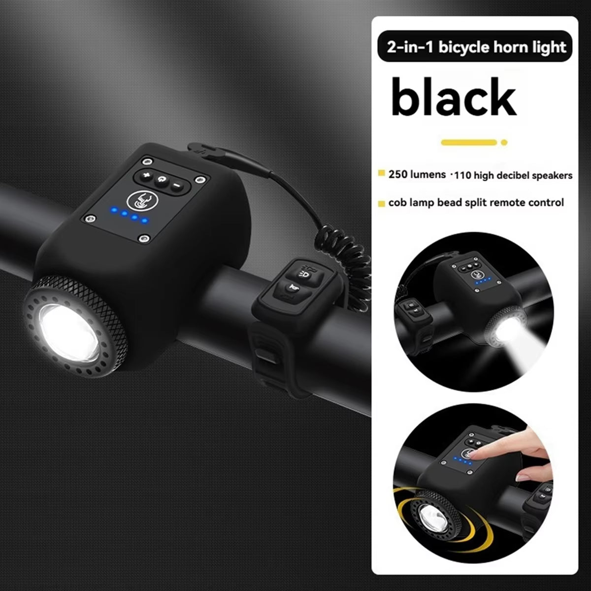 ABMO Bike Light and Horn 2-In-1 Set for Night Riding, Night Cycling Flashlight Accessories, 4 Light Modes, Ipx5 Black